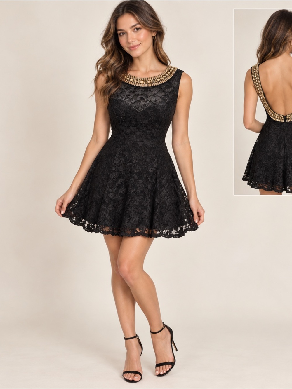 B Darlin Black Lace Mini Dress with Gold Beaded Collar